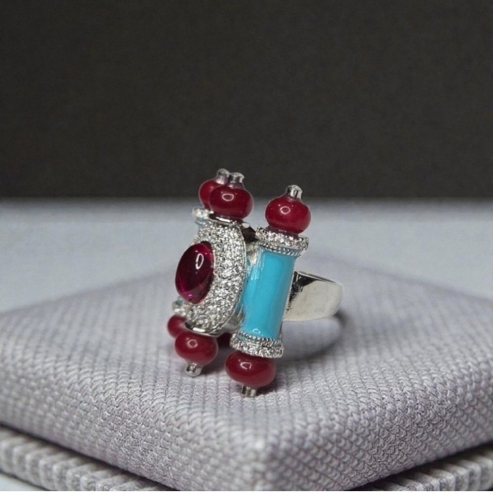 Exquisite High-end Rhodium Plated Turquoise Enamel Ruby Glass Cabochon Ring - Picture 2 of 6